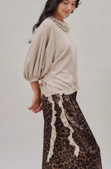 Crochet Trim Dolman Knit Top with Lace Hem
