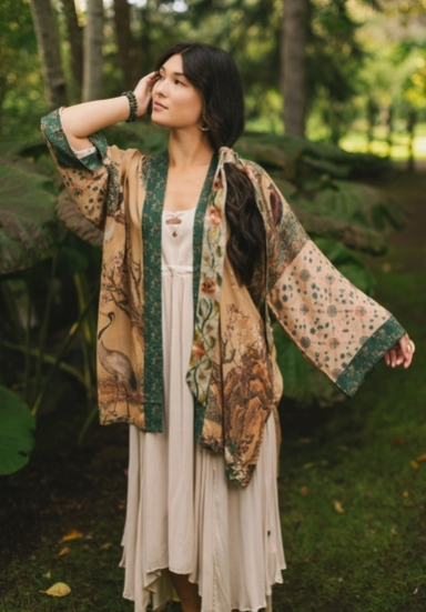 Fable Matinée Duster Kimono w/ Deer and Moon, Mid-Length