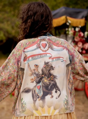 Love Revolution Pixie Crop Kimono w/ Sun, Horse & Florals