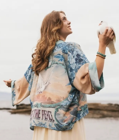 Peace Out Cropped Kimono Pixie Duster with Doves and Sunrise