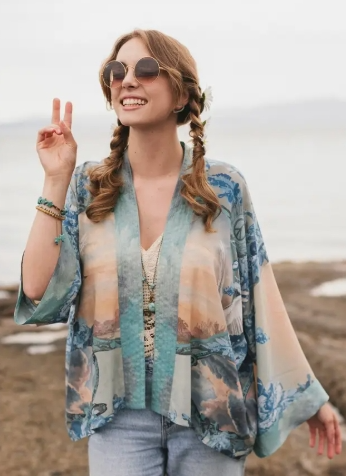 Peace Out Cropped Kimono Pixie Duster with Doves and Sunrise