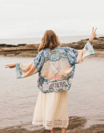 Peace Out Cropped Kimono Pixie Duster with Doves and Sunrise
