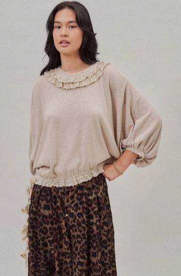 Crochet Trim Dolman Knit Top with Lace Hem