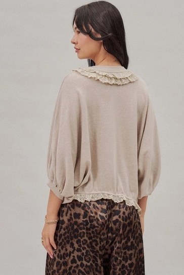 Crochet Trim Dolman Knit Top with Lace Hem
